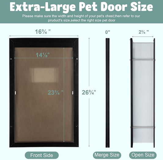 Dog Door Aluminum Pet Door with Extra-Large Flap, Doggie Door Designed with Automatic Closing Magnetic Flap, Telescoping Tunnel (X-Large&Adjustable Thickness)