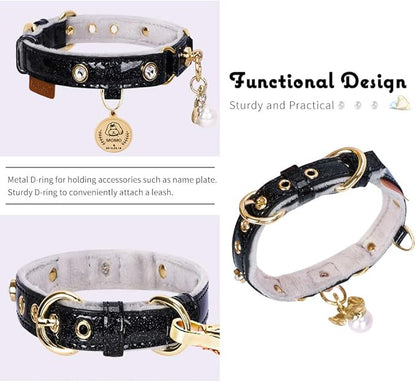PetsHome Cat Collar, Dog Collar, [Bling Rhinestones] PU Leather Adjustable Pet Collar with Luxury Pendant for Big Cat and Small to Medium Dog Small Black