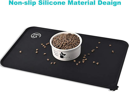 Silicone Waterproof Dog Cat Pet Feeding Mats, Non Slip, Easy Clean Pet Dog Cat Bowl Mats Placemat (28" x 24") Black