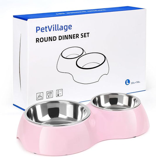 Elevated Dog Bowls Set - Non-Slip Raised Pet Feeder with Medium (10 oz) & Large (20 oz) Stainless Steel Bowls - Includes Durable Resin Stand for Corgi Puppies and Adult Cats - Pink