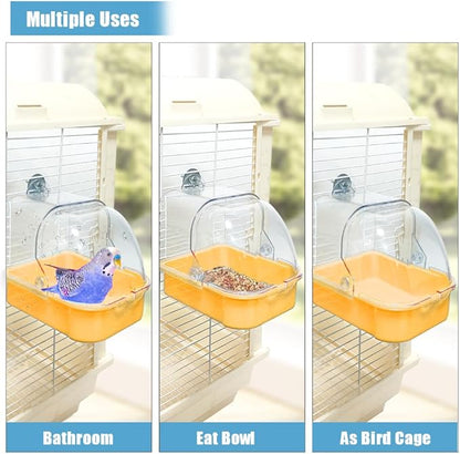 Bird Bath for Cage, Cleaning Pet Supplies Cockatiel Bird Bathtub with Hanging Hooks for Little Bird Parrots Spacious Parakeets Portable Shower for Most Birdcage (Beige)