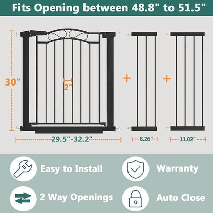 Fairy Baby 48.9"-51.5" Extra Wide Baby Gate with Door, 49 50 51 Inches Walk THR Baby Gates for Stairs Pressure Mounted no Drill, Indoor Tension Metal Pet Dog Gate, Auto Close Safety Gate, Black