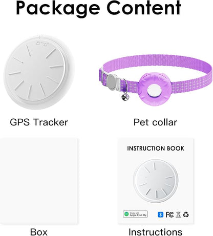 Cat Tracker, GPS Tracker Compatible with Apple Find My App(Only iOS), Waterproof Cat Tracker Collar with Bell and Safety Elastic Buckle, No Monthly Fee Pet Trackers for Vehicles, Pets, Kids (Purple)