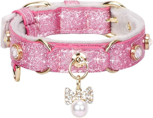 PetsHome Cat Collar, Dog Collar, [Bling Rhinestones] PU Leather Adjustable Pet Collar with Luxury Pendant for Big Cat and Small to Medium Dog Small Pink