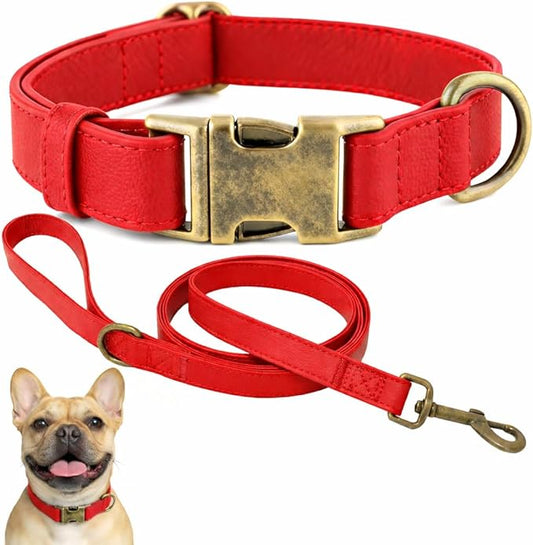 Silicone Dog Collar and Leash Set, Waterproof & Odor-Proof Puppy Collar for Small Dogs, Soft Flexible Leather-Look Dog Collars, Durable Thick Adjustable Pet Collar (Red, Small (9-14" Neck))