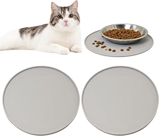 BNOSDM Silicone Cat Feeding Mat 2 Pack Dog Bowl Mats Pet Silicone Food Mat for Food and Water Nonslip Waterproof Feed Mats Round Eating Plate for Small and Medium Cats and Dogs (Light Gray)