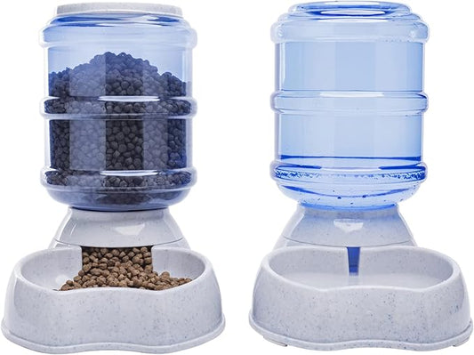 Pet Feeder and Water Food Dispenser Automatic Water Bowl for Dogs Cats, BPA-Free, Gravity Refill, Self Feeding for Small Medium Pets Puppy Kitten Rabbit - 1 Gallon 3.8L (Waterer + Feeder)