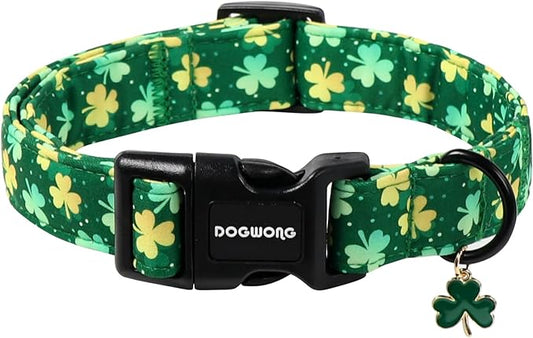 DOGWONG St Patrick's Day Dog Collar-Cute Green Clovers Dog Collars, Adjustable Shamrock Pet Collars Trefoil Puppy Collars with Quick Release Buckle for Girl&Boy Dogs,XS