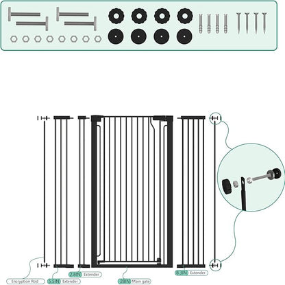 51" Extra Tall Cat Gate for Doorway Auto Close Encrypted Cat Gate 28.5"-48.7" Adjustable Width Pet Gate Include 5.5" and 8.26" Extension Kits No Drilling Pressure Mount Kit