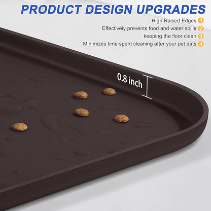 Silicone Pet Feeding Mat with Raised Edge for Food and Water, Dog Bowl Mats, Cat Bowls Placemat with High Lip for Floor Waterproof, Rubber Tray for Cats and Dogs 24 x 16 x0.8 Dark Brown