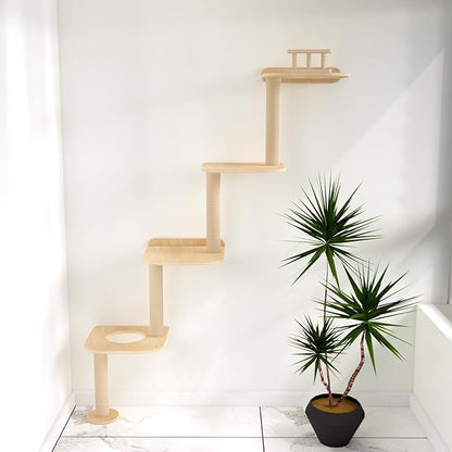 Wall-Mounted Tall Cat Tree Cat Scratching Post, Space Saving Floor to Ceiling Cat Tower, Natural Wood Cat Wall Shelves, Corner cat Jumping Platform cat Bed,Suitable for Large Cats