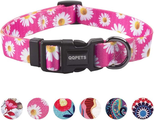QQPETS Adjustable Soft Dog Collar: Print Flower Pink Multicolor Cute Patterns for XS Small Medium Large Pet Girl Boy Puppy Walking Running Training (M, Small Daisies)