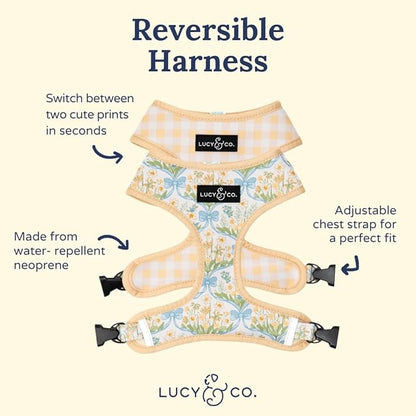 Lucy & Co. Sunshine and Daffodils Reversible Dog Harness, Adjustable Comfort Fit with Dual Leash Attachments, Medium