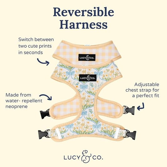 Lucy & Co. Sunshine and Daffodils Reversible Dog Harness, Adjustable Comfort Fit with Dual Leash Attachments, X-Large