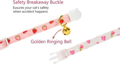 2 Pack Floral Cat Collars with Bow Tie and Bell Adjustable Breakaway Bowtie Cute Kitten Collar(White Heart & Pink Strawberry)