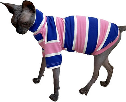 Vintage Stripes Sphynx Hairless Cats Shirt Cotton Cat Turtleneck Pet Clothes Kitten T-Shirts with Sleeves for Sphynx Cats (Wide Pink Blue Stripe, Medium)