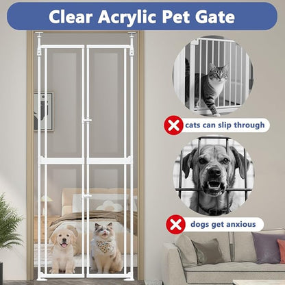 71-98" Clear Tall Cat Pet Gate, 33.5-36 in Wide Extra High Dog Gates for Doorways Acrylic Kitten Proof Full Door Barrier, Auto Close Walk Thru Puppy Pressure Mounted, Indoor White