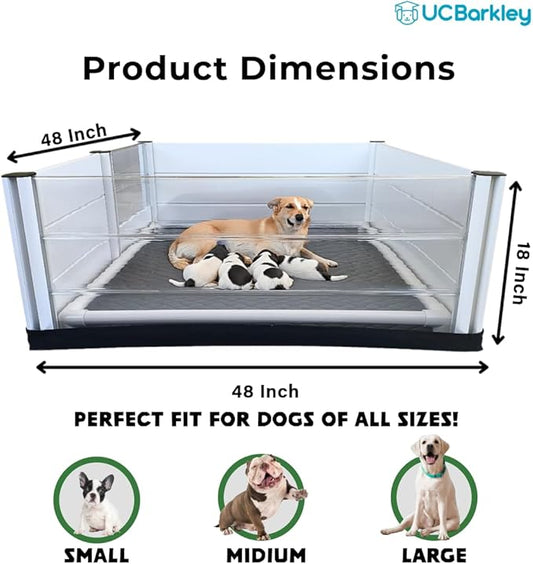 Whelping Box for Dogs and Puppies with Clear Window Panel – Modular, Easy-Clean, Safe Design with Pig Rail, Floor Liner & Washable Pad | UC Barkley Premium 48 Inch