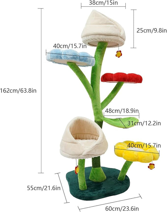 Cat Tree, 6-Tier Cat Tower for Large/Small Cats Climbing, 63.8inch Tall Cat Flower Tree with Resting Platforms & Scratching Posts, Cats Activity Center Playground, Load Capacity 22lbs (Multicolor)