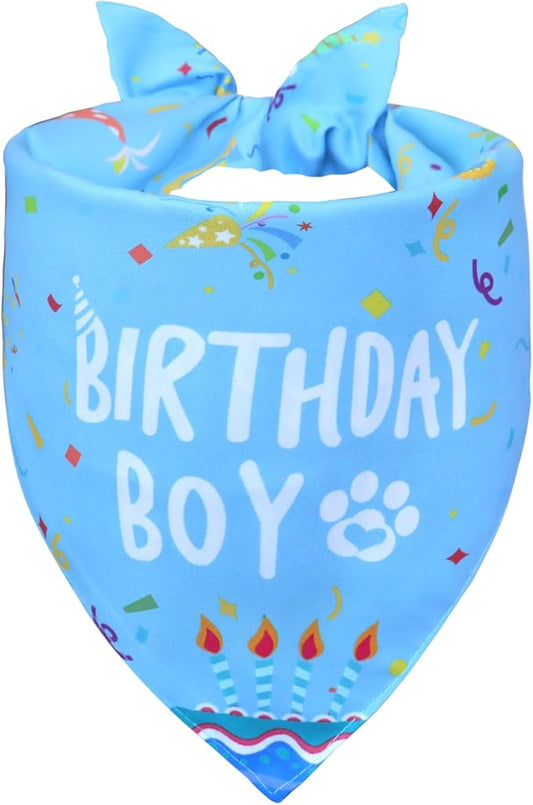 Dog Birthday Bandana Boy for Medium Large Dogs, Reversible 2 Patterns in 1, Blue Confetti Scarf, Happy Birthday Party Outfit Puppy Gift (14-18" Neck)