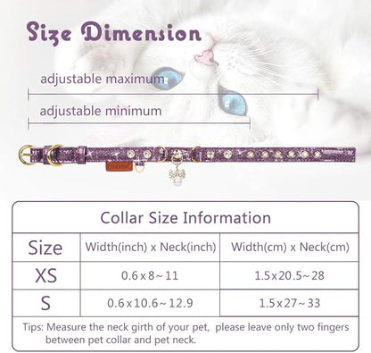 PetsHome Cat Collar, Dog Collar, [Bling Rhinestones] PU Leather Adjustable Pet Collar with Luxury Pendant for Cat and Small Dog Extra Small Purple