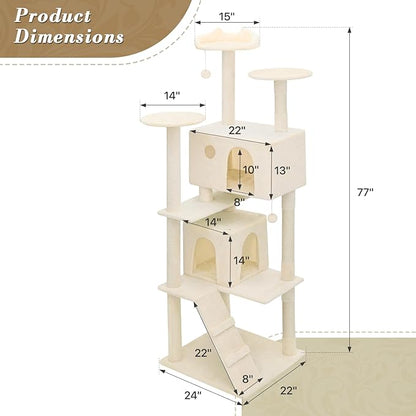 Athena Collection Cat Tree, 77 Inch Cat Tower for Indoor Cats, Multi-Level Cat Tree Tower Activity Center with 2 Cat Condo & Cat Scratching Post & Dangling Ball, Tall Cat Tree, Beige