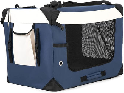 Large Cat Carrier, Collapsible Dog Travel Crate Portable Soft-Sided Pet Carrier with Super Soft Warm Plush Mat for Indoor and Outdoor 20x14x14in,Navy Blue
