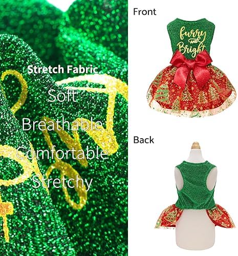 Fitwarm Furry and Bright Dog Christmas Outfit, Sparkly Pet Holiday Tulle Dress, Winter Clothes for Small Dogs - Girl, Christmas Tree Outfit - Red, Green, Golden, Medium - Image 5