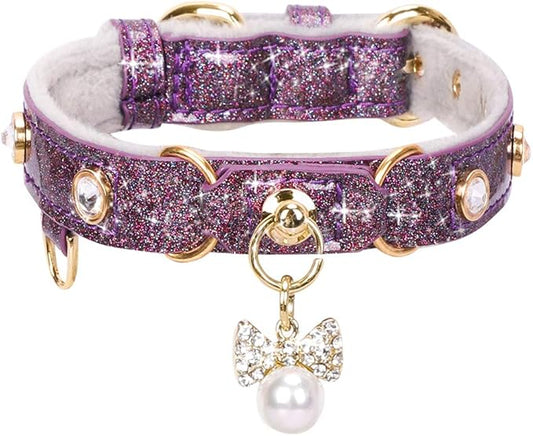PetsHome Cat Collar, Dog Collar, [Bling Rhinestones] PU Leather Adjustable Pet Collar with Luxury Pendant for Cat and Small Dog Extra Small Purple