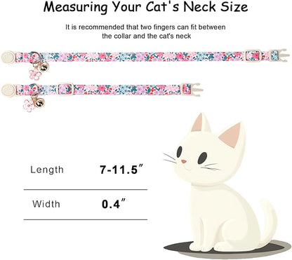 2 Pack Cotton Cat Collars - Cute Breakaway Cat Collar with Bell, Strawberry and Flower Pendant, Spring Summer Adjustable Kitten Collars for Girl Cats, Sweet Floral Fruit