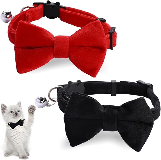 2 Pcs Velvet Cat Collar Cute Cat Bow Tie Collar Adjustable Breakaway Collars with Bell and Bow Tie Solid Color Removable Cats with Safety Buckle for Cats Kitten Puppy Pet Accessories