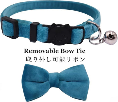 Cat Collar Breakaway with Bell and Removable Bow Tie Safety Buckle Velvet Adjustable 7-11 inches for Kitten Cats (Blue)
