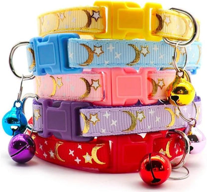 Reflective Cat Collars Breakaway with Bell Moons Stars 2 Pack Girl Boy Pet Kitten Collar Adjustable 7.5-12.5 Inch (Purple)