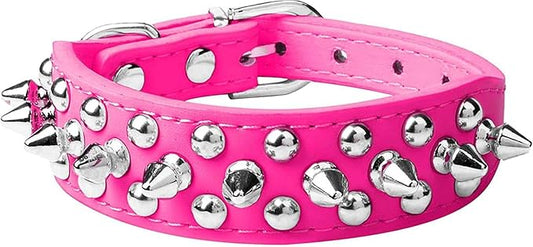 Spiked Dog Collar Soft Pu Leather Mushrooms Rivet Spike Studded Puppy Adjustable Pet Collars for Small Breeds (M, Hot Pink)