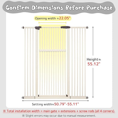 Lumizone Extra Tall Pet Gate 55.12" High Pressure Mounted 50.79"-55.11" Extra Wide (9 Sizes) 1.37" Gap for Cat Dog Stairs Doorway Hallway No Drilling Auto-Close (50.79"-55.11" W, Cream White)