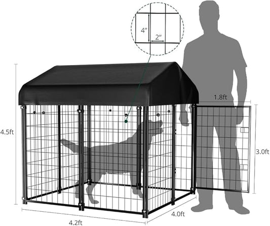 Dog Kennel Outside with Roof, 4'x4'x4.5' Outdoor Dog Kennels for Large Dogs, Heavty Duty Welded Dog Crate Playpen with UV-Resistant Waterproof Cover