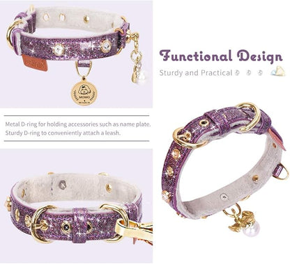 PetsHome Cat Collar, Dog Collar, [Bling Rhinestones] PU Leather Adjustable Pet Collar with Luxury Pendant for Big Cat and Small to Medium Dog Small Purple