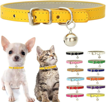 Gold Puppy Collar with Bell, Soft Pu Leather Cat Collars Adjustable Buckle for XXS XS Extra Small Medium Tiny Female Male Boys Girls Pets Dogs Kitten Teacup Yorkie S