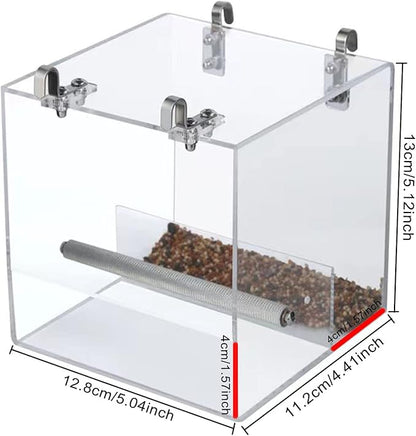 No Mess Bird Feeder for Cage, Automatic Acrylic Bird Feeder Seed Catcher Tray Cage with Stainless Steel Hooks for Small Parrots Canary Parakeet Budgerigar Crested Cockatiel Lovebird (Small)