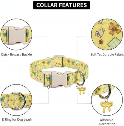 Cute Dog Collar with Yellow Bow Pattern, Girl Dog Collar for Small Dogs, Adjustable Spring/Summer Puppy Collar Made of Soft Fabric and Quick Release Buckle, S