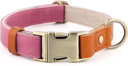 Plutus Pet Genuine Leather & Hemp Dog Collar – Adjustable Heavy Duty Pet Collar with Quick Release Metal Buckle, Soft & Stylish for Puppy and Small, Medium, Large Dogs (Pink, L)
