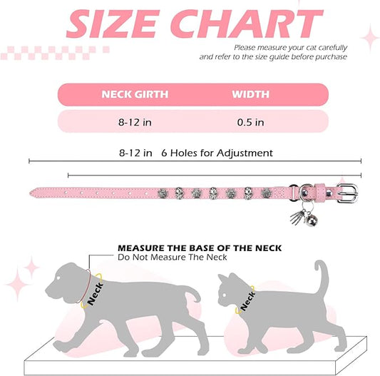 EXPAWLORER Cat Collar for Girl Boy Cats- Adjustable Leather Pet Collar with Safety Elastic Belt,Personalized Punk Accessories Buckle Collars with Bell & Durable D-Ring,Skull（Pink）