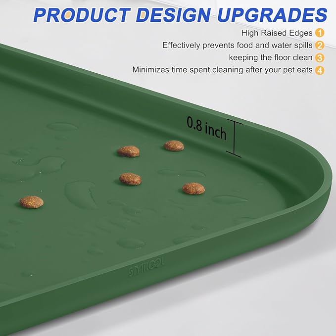 Silicone Pet Feeding Mat with Raised Edge for Food and Water, Dog Bowl Mats, Cat Bowls Placemat with High Lip for Floor Waterproof, Rubber Tray for Cats and Dogs 22 x 14 x0.8 Dark Olive