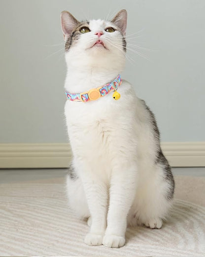 SOLMOONY Cute Cat Collar for Girl Boy,Colorful Breakaway Cat Collars with Bell 2 Pack，Adjustable Printed Nylon with Safety Buckles Kitten Collar (Coloured Drawing)