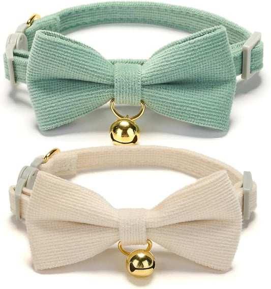 2 Pack Soft Corduroy Cat Collars with Bow Tie & Bell, Adjustable Breakaway Cotton Kitty Bowtie Collar for Female Male Cats(White & Grass Green)