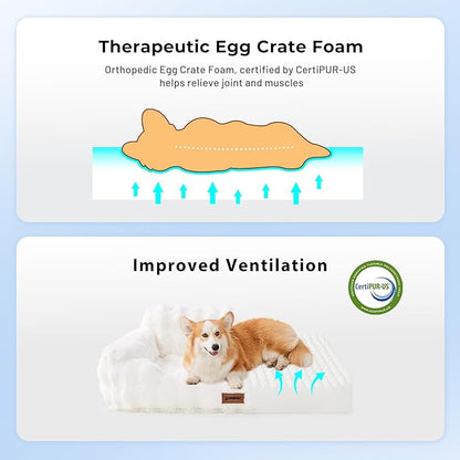 Dog Couch Bed - Fluffy Dog Sofa, Large Orthopedic Pet Sofa Bed with Removable Washable Cover, Faux Fur Calming Cute Pet Couch with Supportive Egg Foam and Non-Slip Bottom, Ivory White
