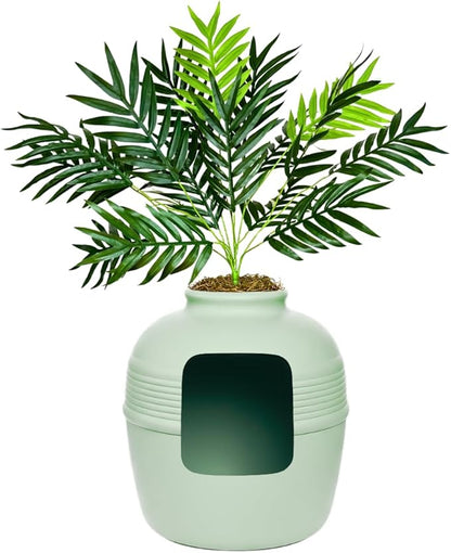 Good Pet Stuff Hidden Litter Box Planter, Decorative Cat Litter Enclosure with Carbon Filter, Artificial Plant, Easy Clean, Improved Design, Round Style, Base Kit, Sage Green