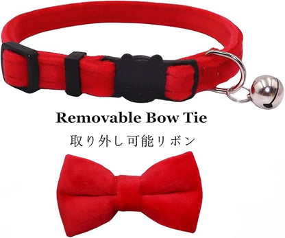 Cat Collar Breakaway with Bell and Removable Bow Tie Safety Buckle Velvet Adjustable 7-11 inches for Kitten Cats (Red)
