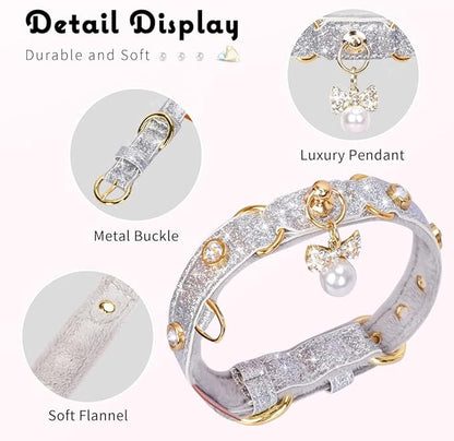 PetsHome Cat Collar, Dog Collar, [Bling Rhinestones] PU Leather Adjustable Pet Collar with Luxury Pendant for Cat and Small Dog Extra Small Silvery