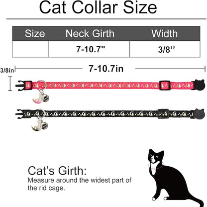 2 Pack Breakaway Cat Collar with Bells, Adjustable Moon and Star Kitten Safety Collars for Boys & Girls, Black+Hotpink